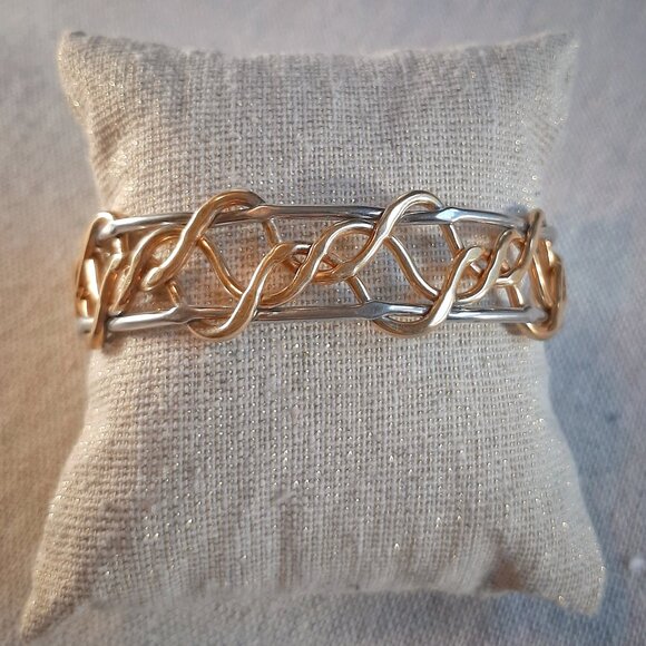 Gold & Silver Tone Two Tone Handcrafted Intertwined Woven Metal Bracelet - Picture 1 of 8